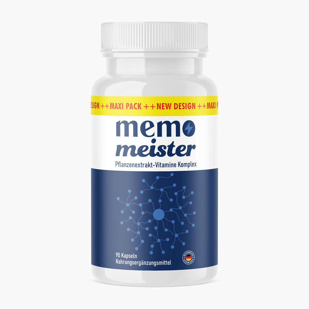 Weiße Dose Memo Meister Pflanzenextrakt Vitamine Komplex mit blauem Etikett