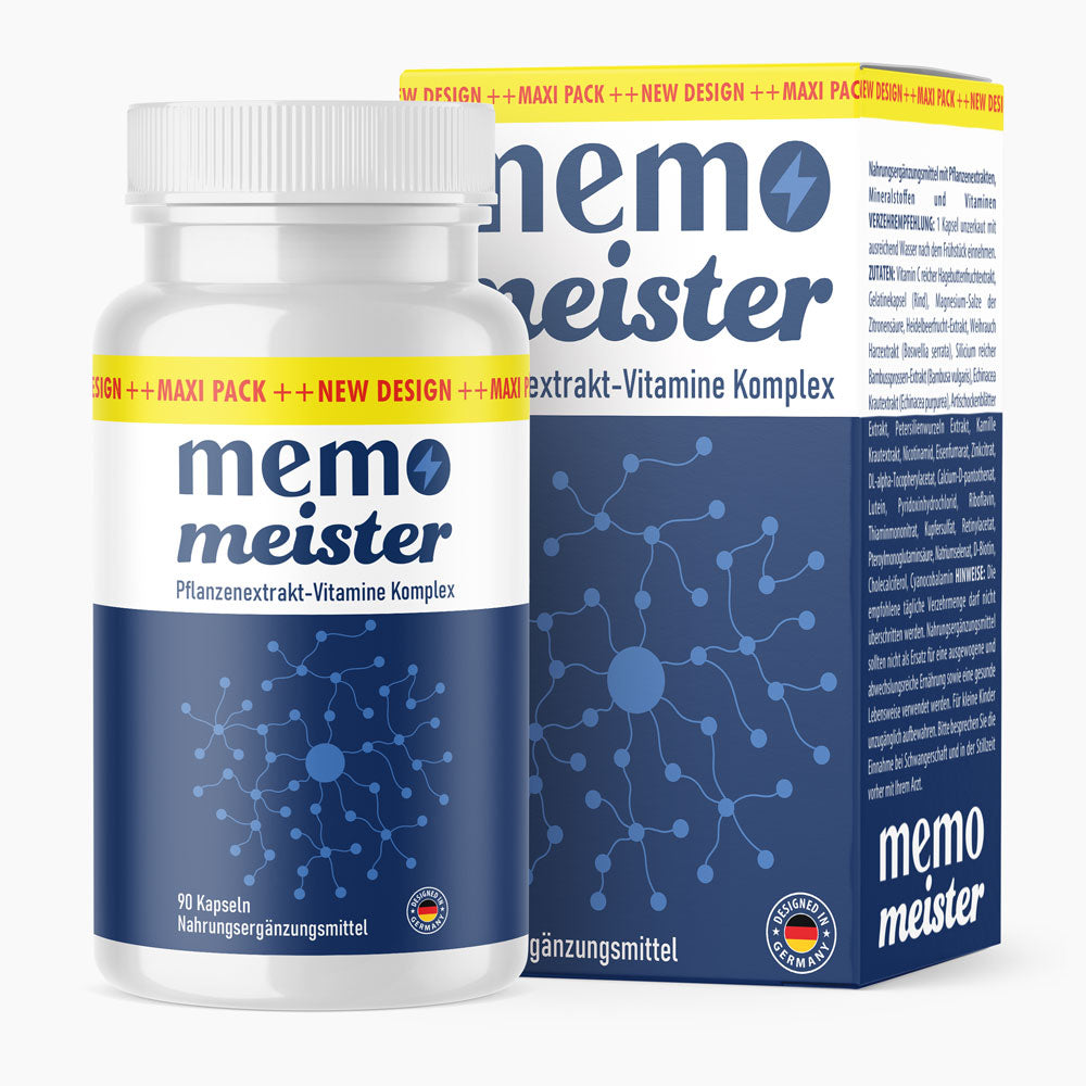 Nahrungsergänzungsmittel Memo Meister in weißer Dose mit blauem Etikett und Verpackung, 90 Kapseln