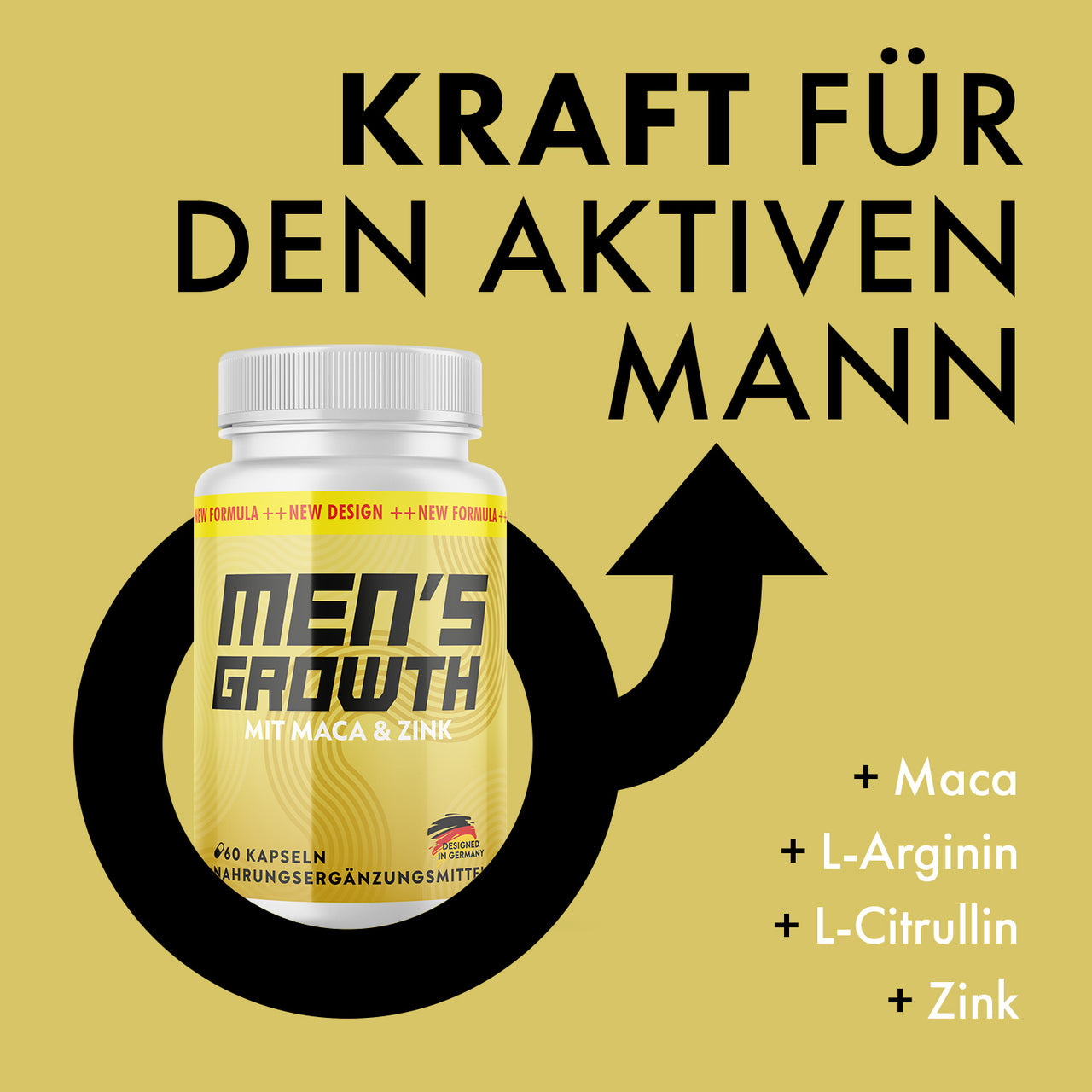 Kraft für den aktiven Mann mit Men’s Growth Dose, Pfeilsymbol und Zutatenliste rechts im Werbebild für Männer