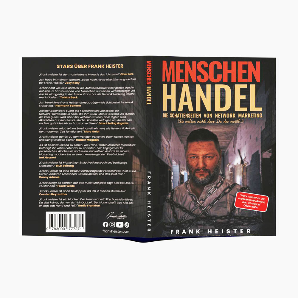 Aufgeschlagenes Buch Menschenhandel von Frank Heister mit Vorder- und Rückseite des Covers