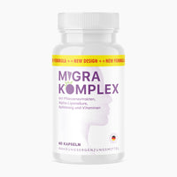 Thumbnail for Dose des Nahrungsergänzungsmittels Migra Komplex mit lila Schrift und gelbem Band mit 60 Kapseln