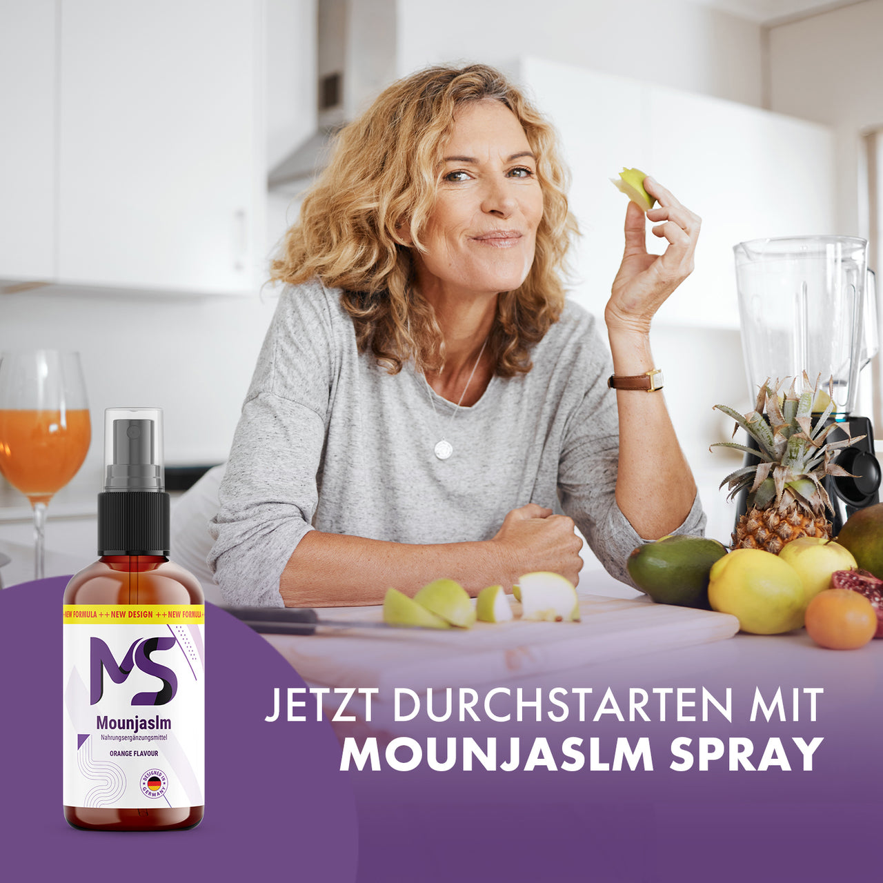 Mounjaslm Nahrungsergänzung Spray neben Frau mit Obst in Küche Start mit Mounjaslm