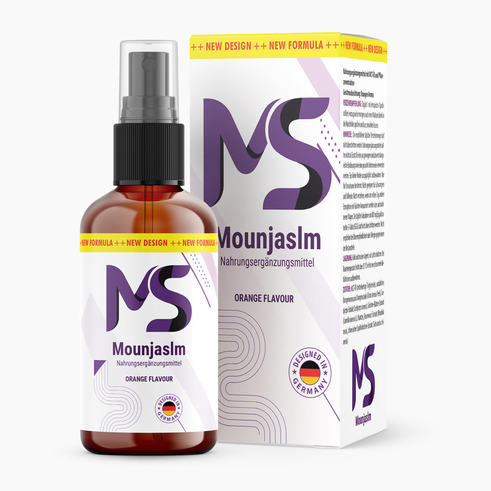 Mounjaslm Nahrungsergänzungsmittel als braune Sprühflasche mit Umkarton Orange Flavour