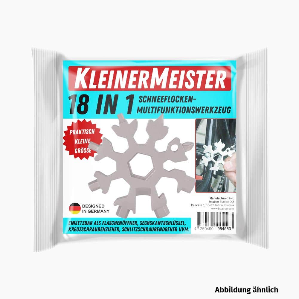 Abbildung eines schneeflockenförmigen Werkzeugs auf blau-weißer Verpackung mit 18 in 1 Hinweis