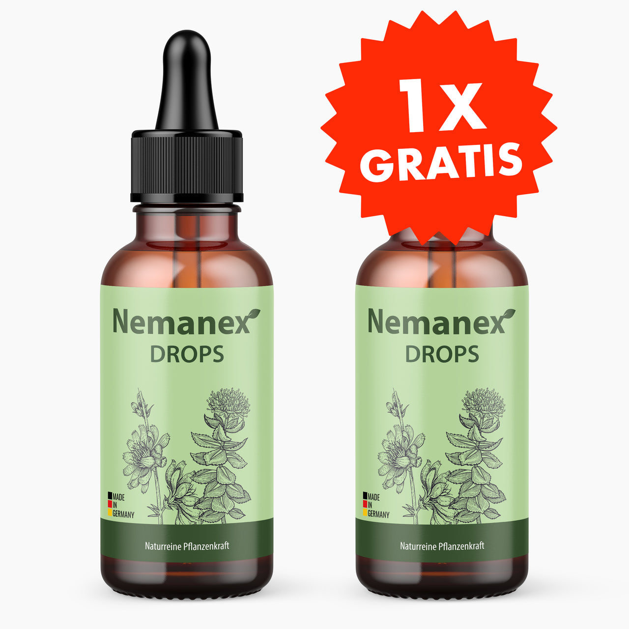 Zwei braune Flaschen mit Pipette und grünem Etikett Nemanex Drops mit Pflanzenmotiv und 1x Gratis-Aufdruck