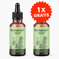Thumbnail for Zwei braune Flaschen mit Pipette und grünem Etikett Nemanex Drops mit Pflanzenmotiv und 1x Gratis-Aufdruck