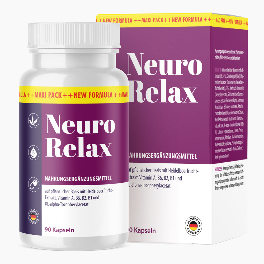Neuro Relax Kapseln, 90 Stück, Flasche mit Etikett vor passender Produktverpackung