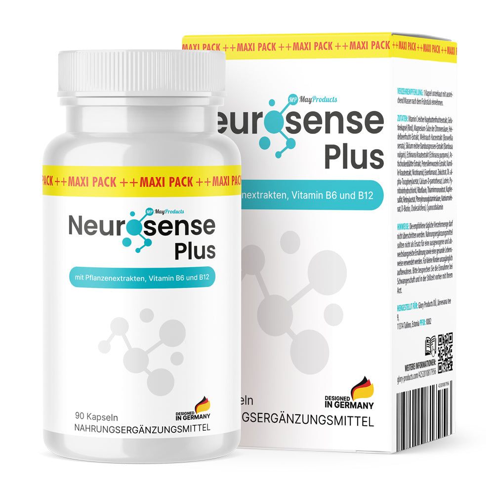 Neurosense Plus Dose und Verpackung mit Vitamin B6 B12 und Pflanzenextrakten Nahrungsergänzung