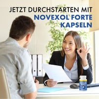 Thumbnail for Zwei Personen am Schreibtisch mit Dokument und Novexol Forte Dose 90 Kapseln sowie Textüberschrift
