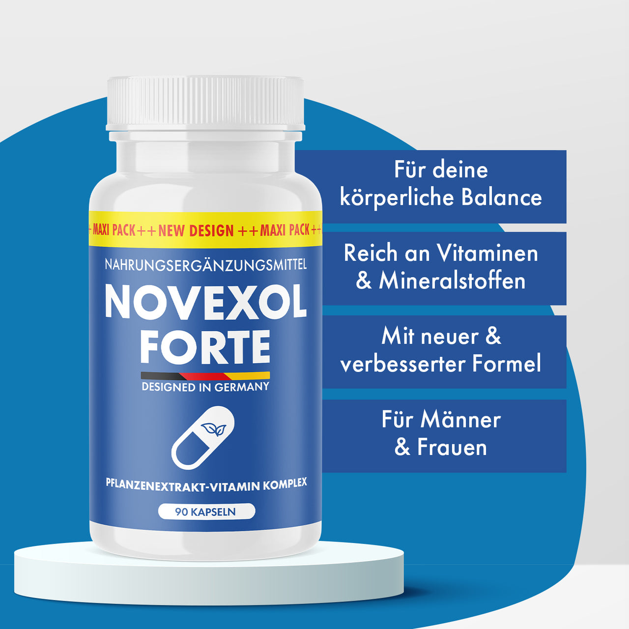 Weiße Kunststoffdose Novexol Forte mit 90 Kapseln vor blauem Hintergrund mit Textfeldern