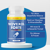 Thumbnail for Weiße Kunststoffdose Novexol Forte mit 90 Kapseln vor blauem Hintergrund mit Textfeldern