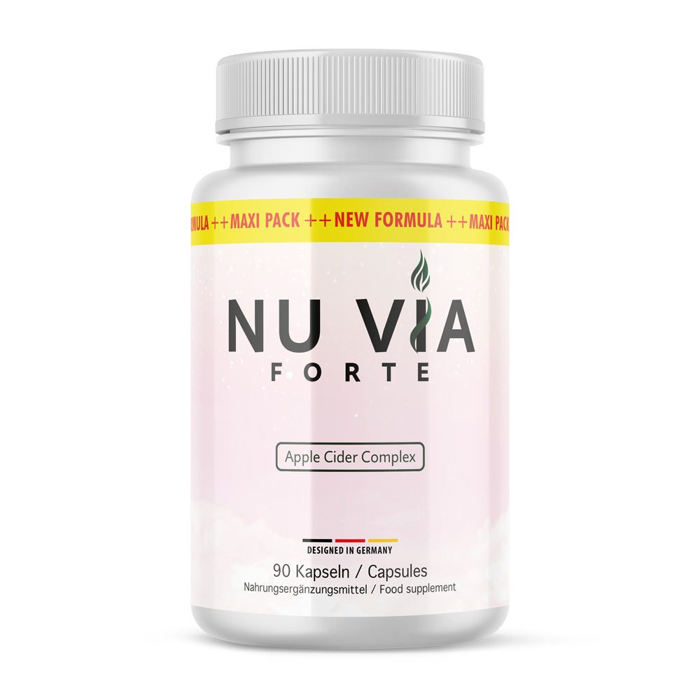 Weiße Kunststoffdose mit Aufdruck Nuvia Forte Apple Cider Complex 90 Kapseln vor weißem Hintergrund