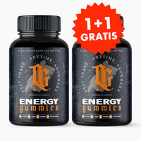Thumbnail for Zwei schwarze Dosen Energy Gummies mit rotem Hinweis 1+1 gratis und Aufdruck Designed in Germany