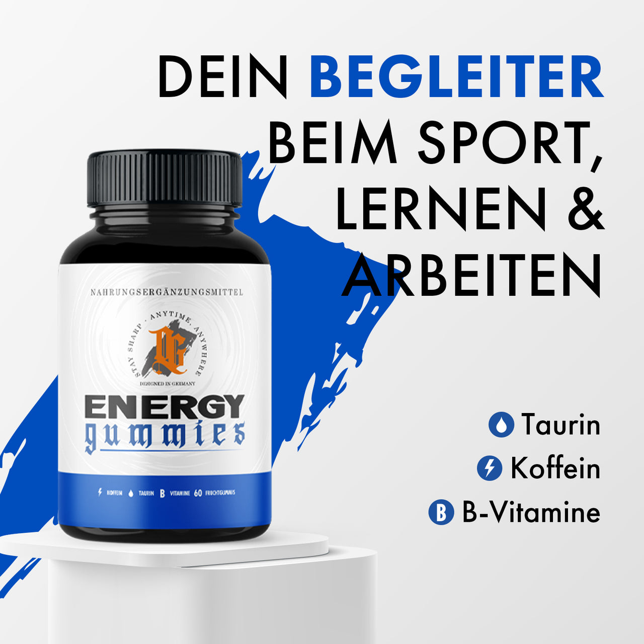 Schwarze OG Dose Energy Gummies vor blauem Pinselstrich mit Text zu Sport, Lernen und Arbeiten