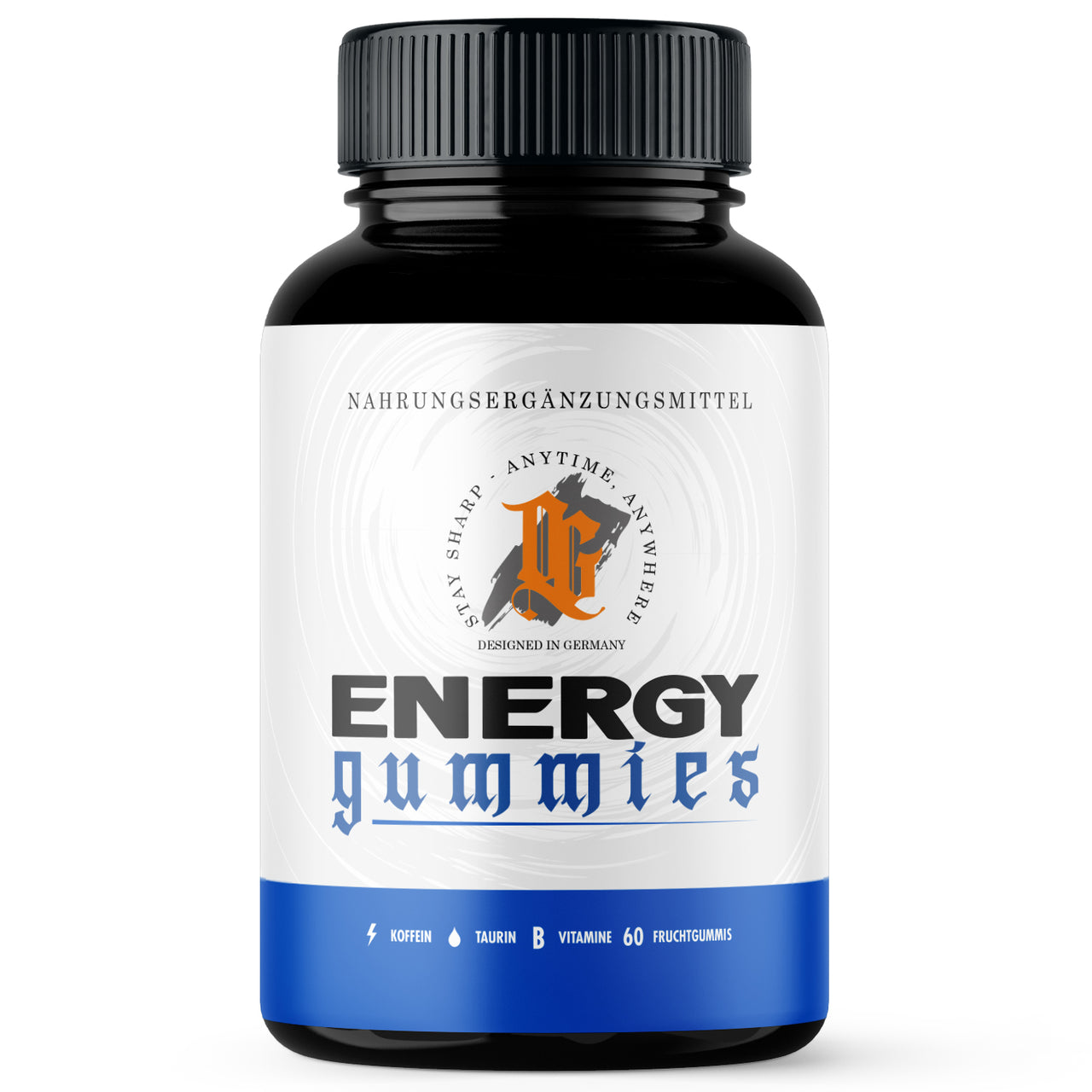 Schwarze Dose OG Energy Gummies mit weiß-blauem Etikett und Angaben zu Koffein, Taurin und B-Vitaminen