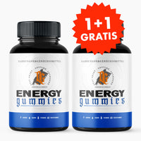 Thumbnail for OG Energy Gummies in zwei schwarzen Dosen mit blau-weißem Etikett und rotem Hinweis „1+2 GRATIS“