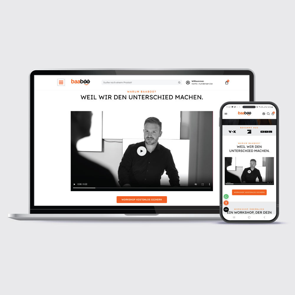 Laptop und Smartphone zeigen eine Website mit eingebettetem Video und einer Person im Bild