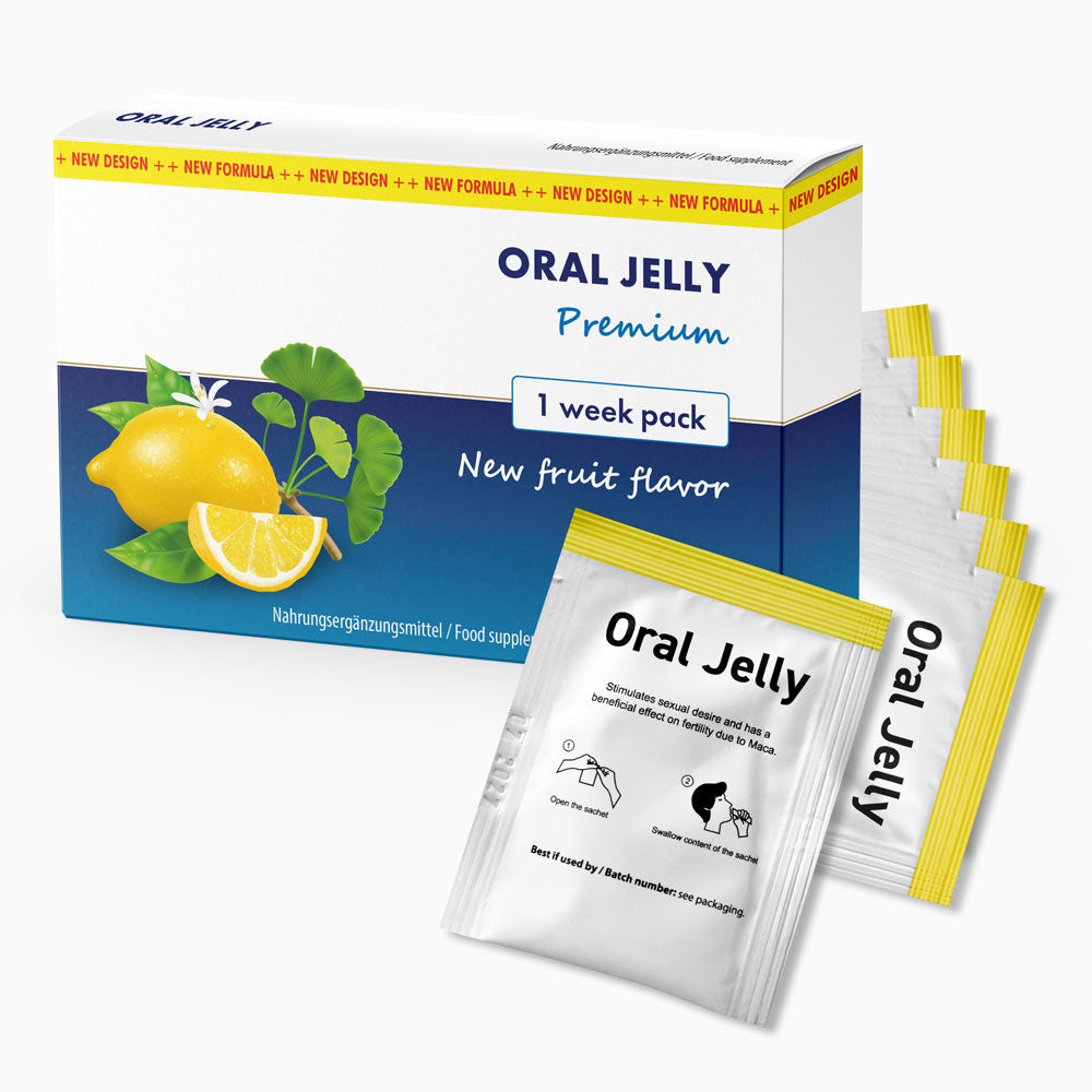 Einzelnes Sachet Oral Jelly mit grafischer Einnahmeanleitung vor Faltschachtel mit Zitronenabbildung