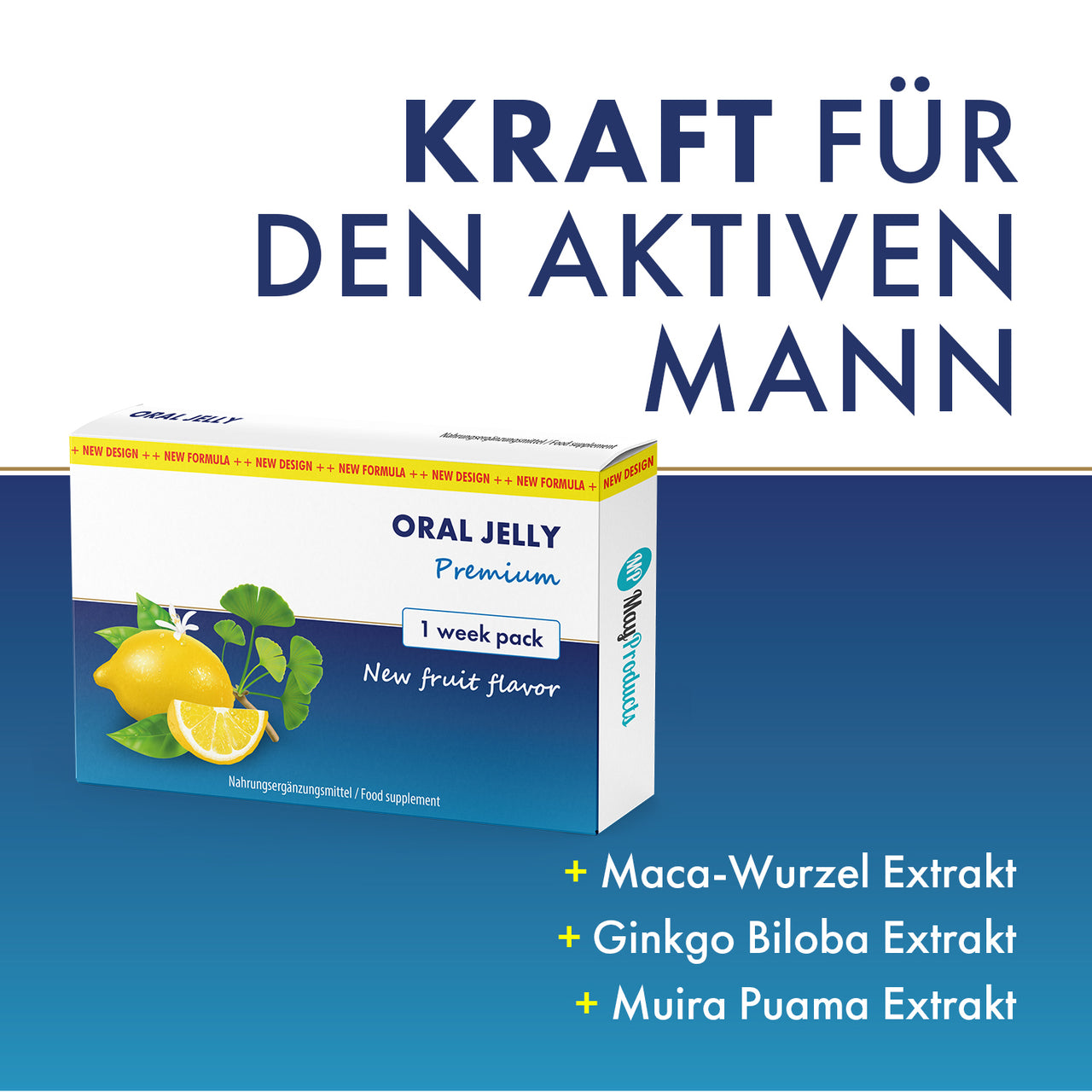 Verpackung Oral Jelly Premium mit Text Kraft für den aktiven Mann und Zitronenabbildung