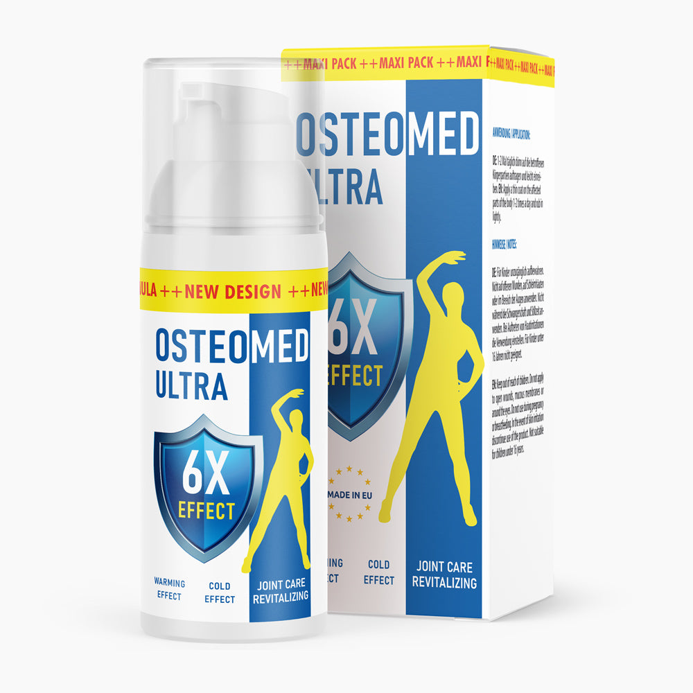 Osteomed Ultra Pumpspender mit 120 ml Inhalt vor passender Produktverpackung