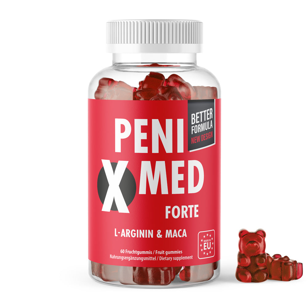 Dose mit Schrift Penixmed Forte, 60 Fruchtgummis, rotem Etikett und danebenliegenden Fruchtgummibärchen in Rot