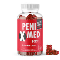 Thumbnail for Dose mit Schrift Penixmed Forte, 60 Fruchtgummis, rotem Etikett und danebenliegenden Fruchtgummibärchen in Rot