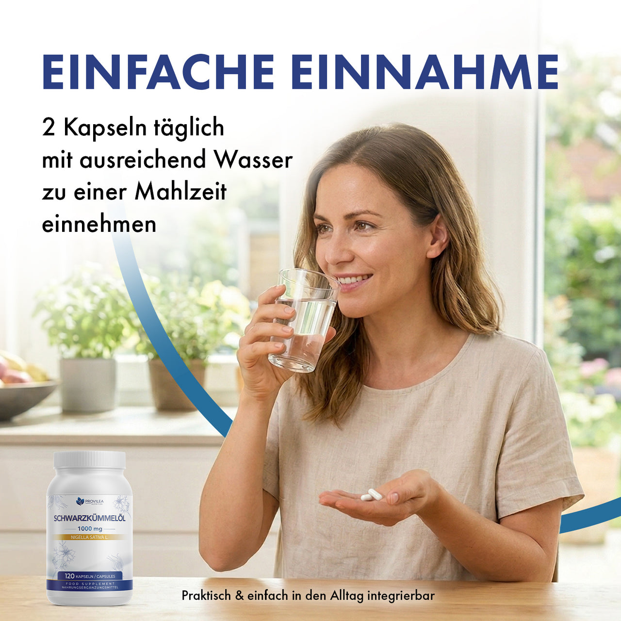 Grafik Einfache Einnahme mit Frau, Glas Wasser, Kapseln und Produktdose
