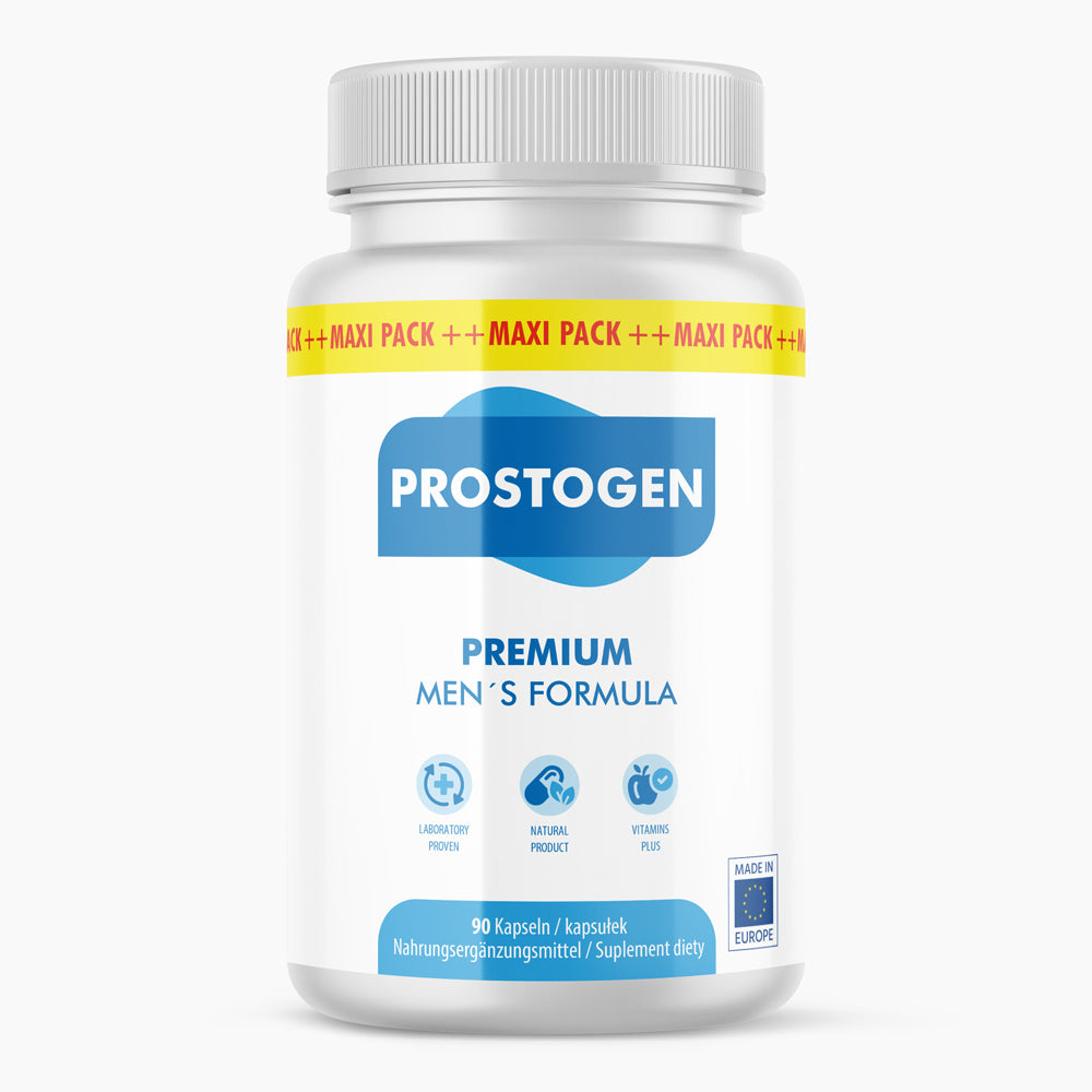 Weiße Dose mit Prostogen-Schriftzug, 90 Kapseln und grafischen Symbolen für Labor, Pflanze und Apfel mit Plus