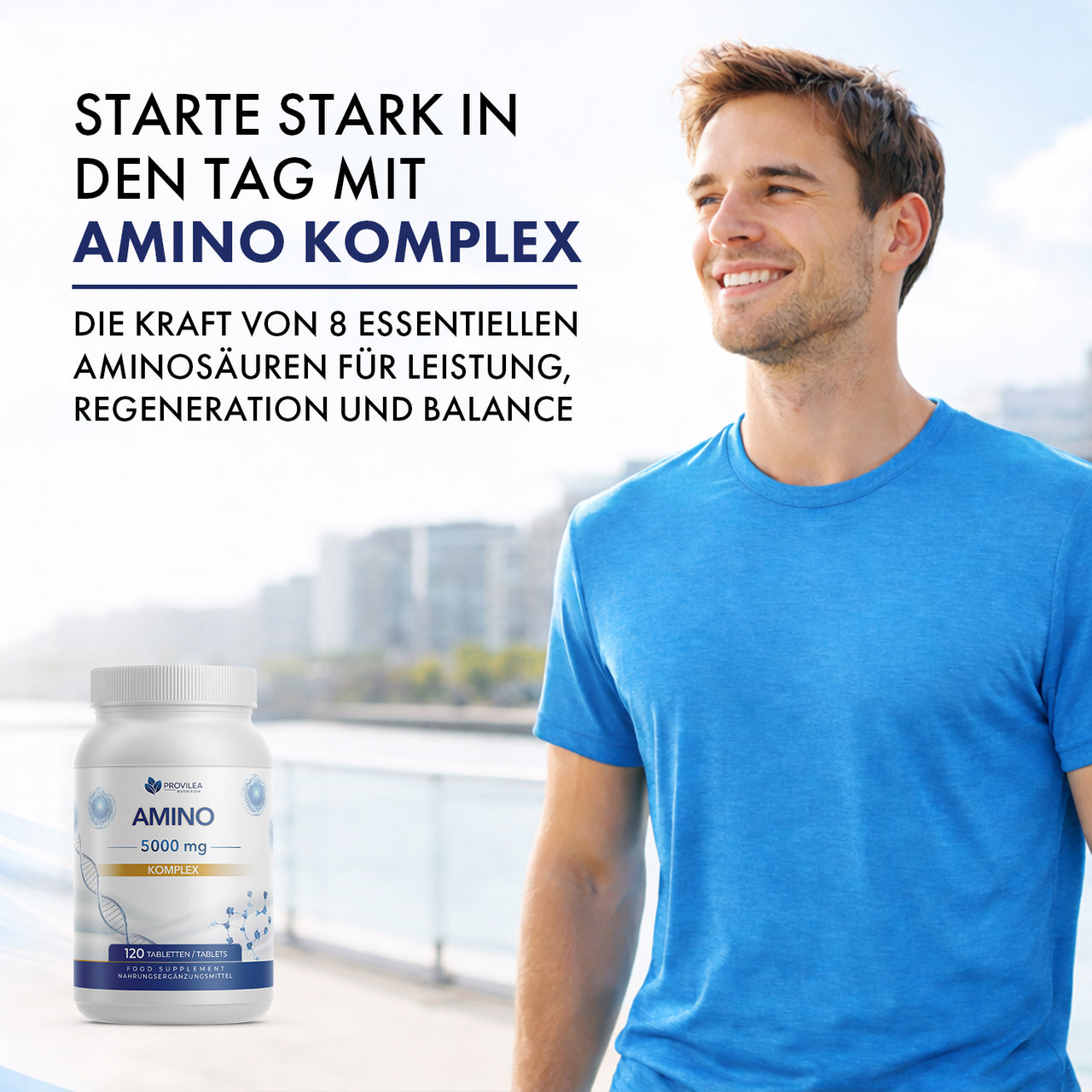 Person im blauen T-Shirt, unten links Verpackung Amino 5000 mg, Text Start in den Tag