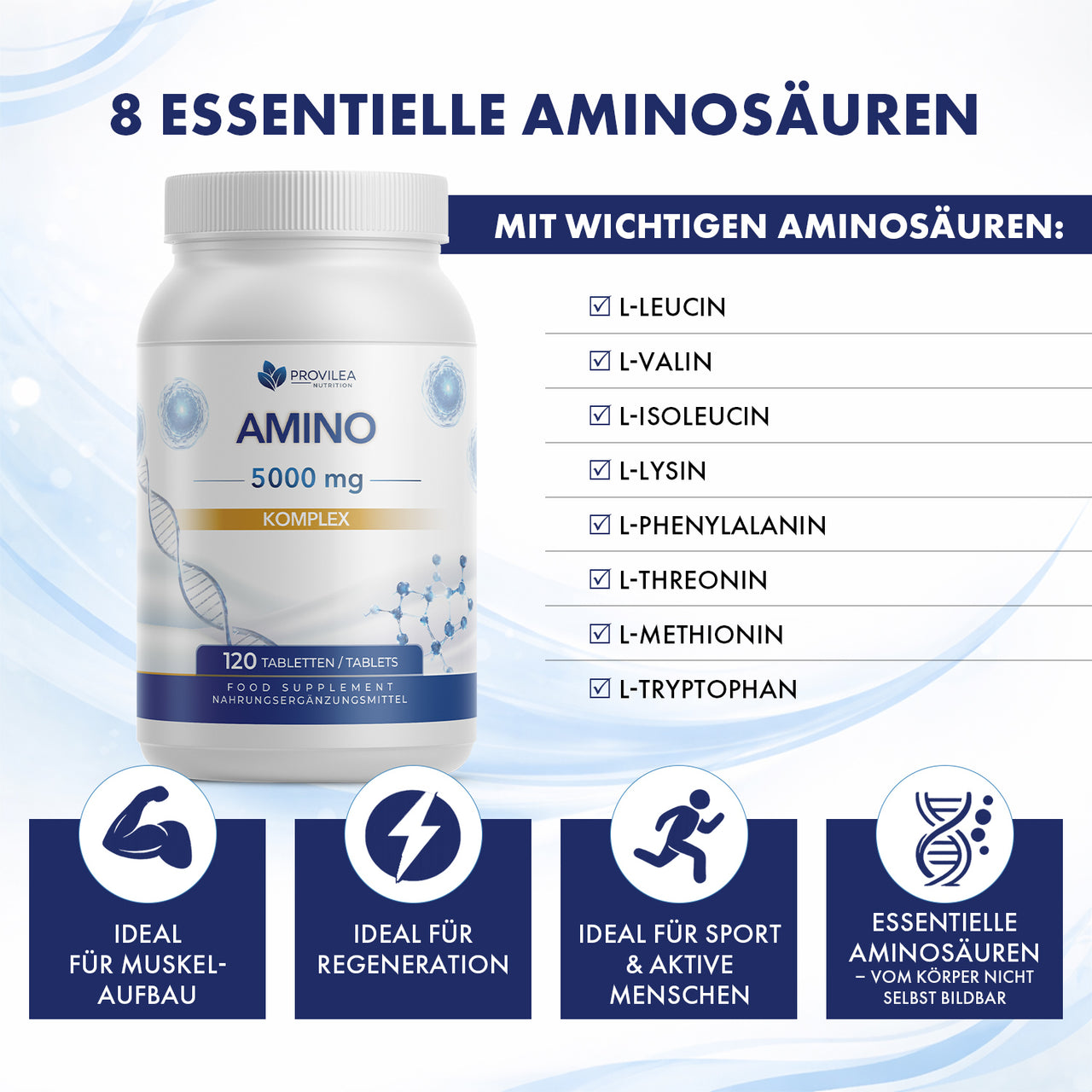 Verpackung Amino 5000 mg, rechts Auflistung von acht Aminosäuren, unten vier Symbole