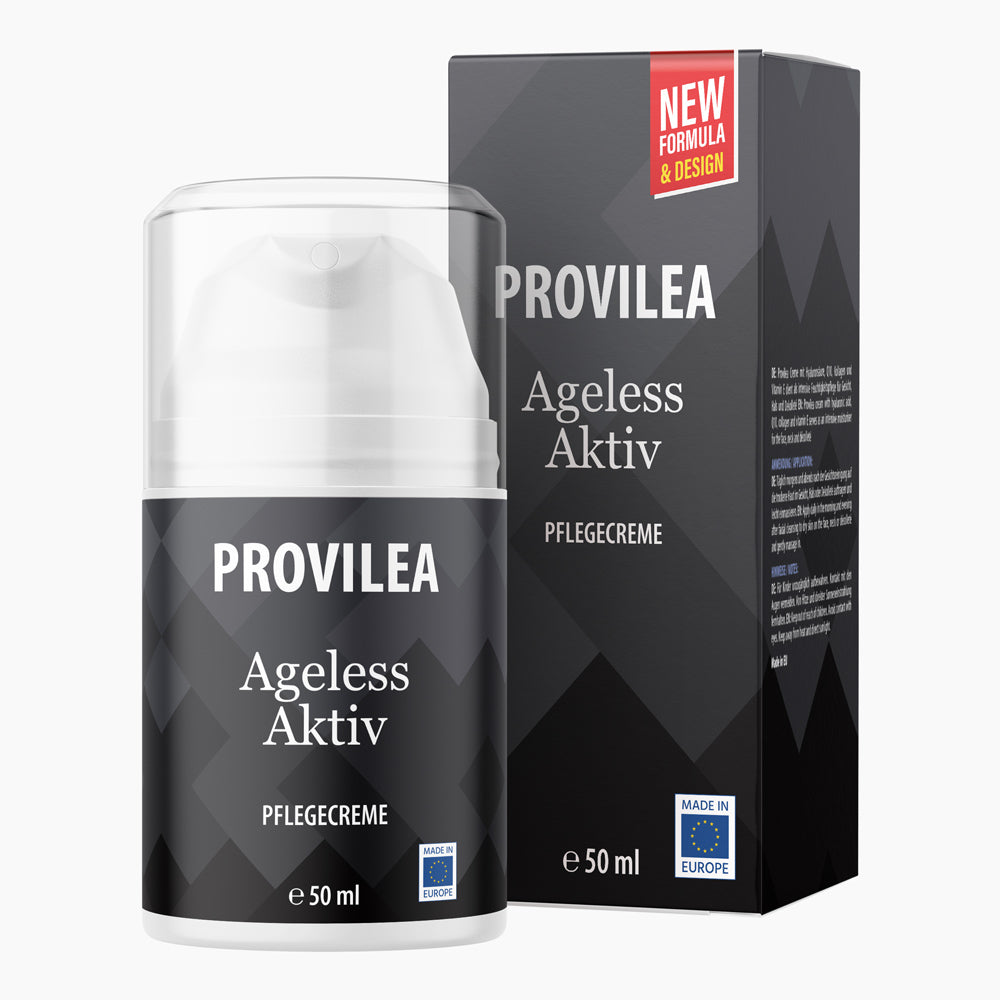 Flasche mit Pumpspender und schwarzem Etikett Provilea Ageless Aktiv Pflegecreme 50 ml vor Faltschachtel