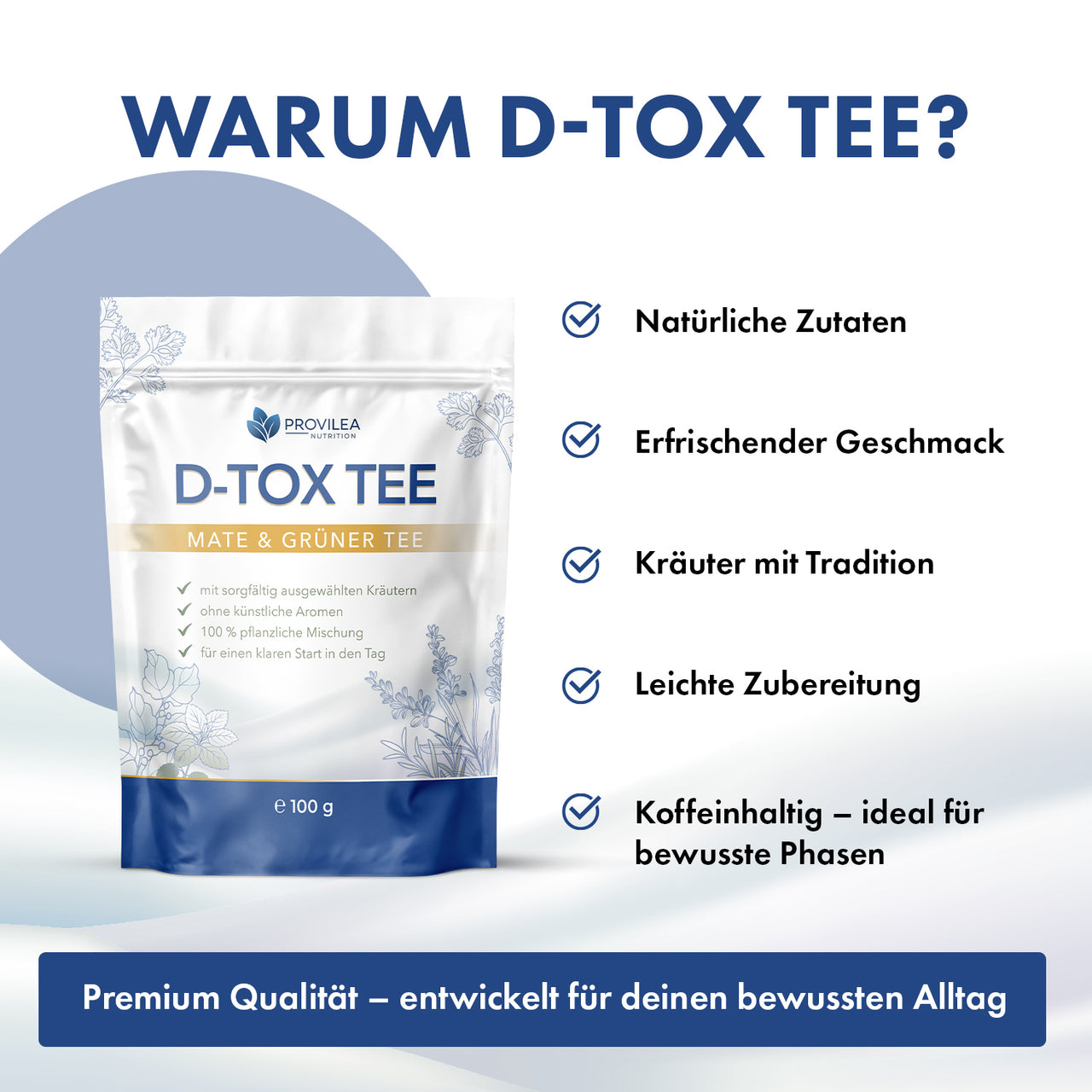Provilea D-Tox Tee als Produktgrafik mit fünf Vorteilen zu Zutaten, Geschmack und Zubereitung
