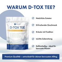 Thumbnail for Provilea D-Tox Tee als Produktgrafik mit fünf Vorteilen zu Zutaten, Geschmack und Zubereitung
