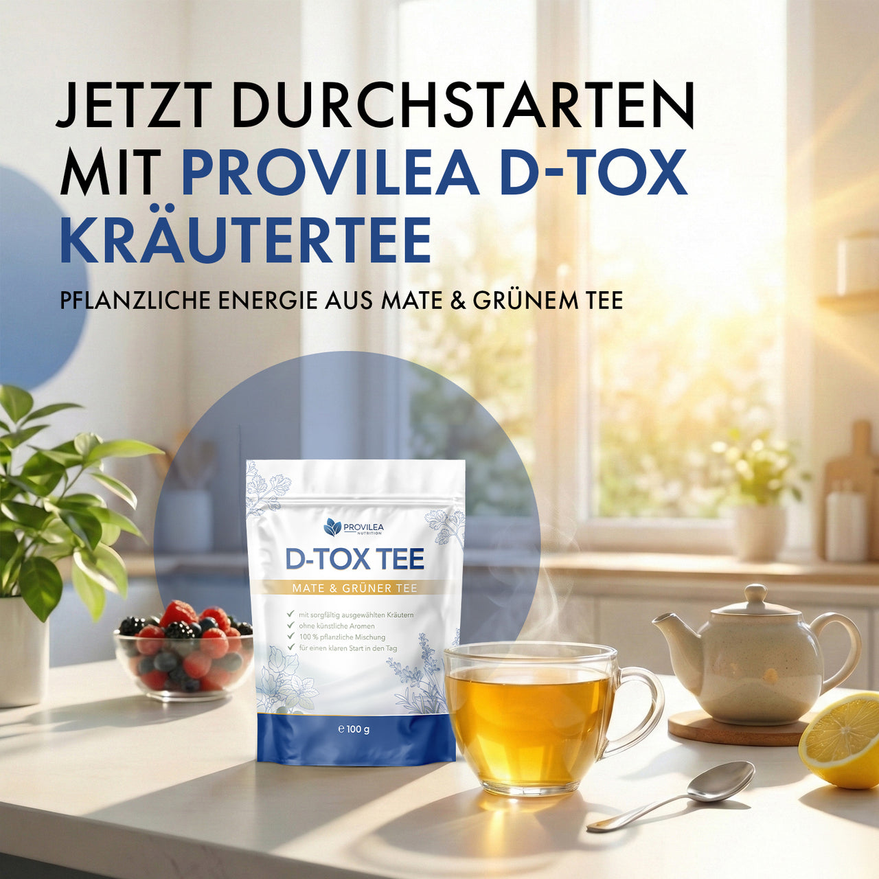 Provilea D-Tox Kräutertee als Produktgrafik auf gedecktem Tisch mit Teetasse und Teekanne