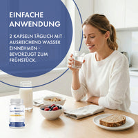 Thumbnail for Frau sitzt am Tisch mit Glas Wasser und Frühstück, Text Einfache Anwendung