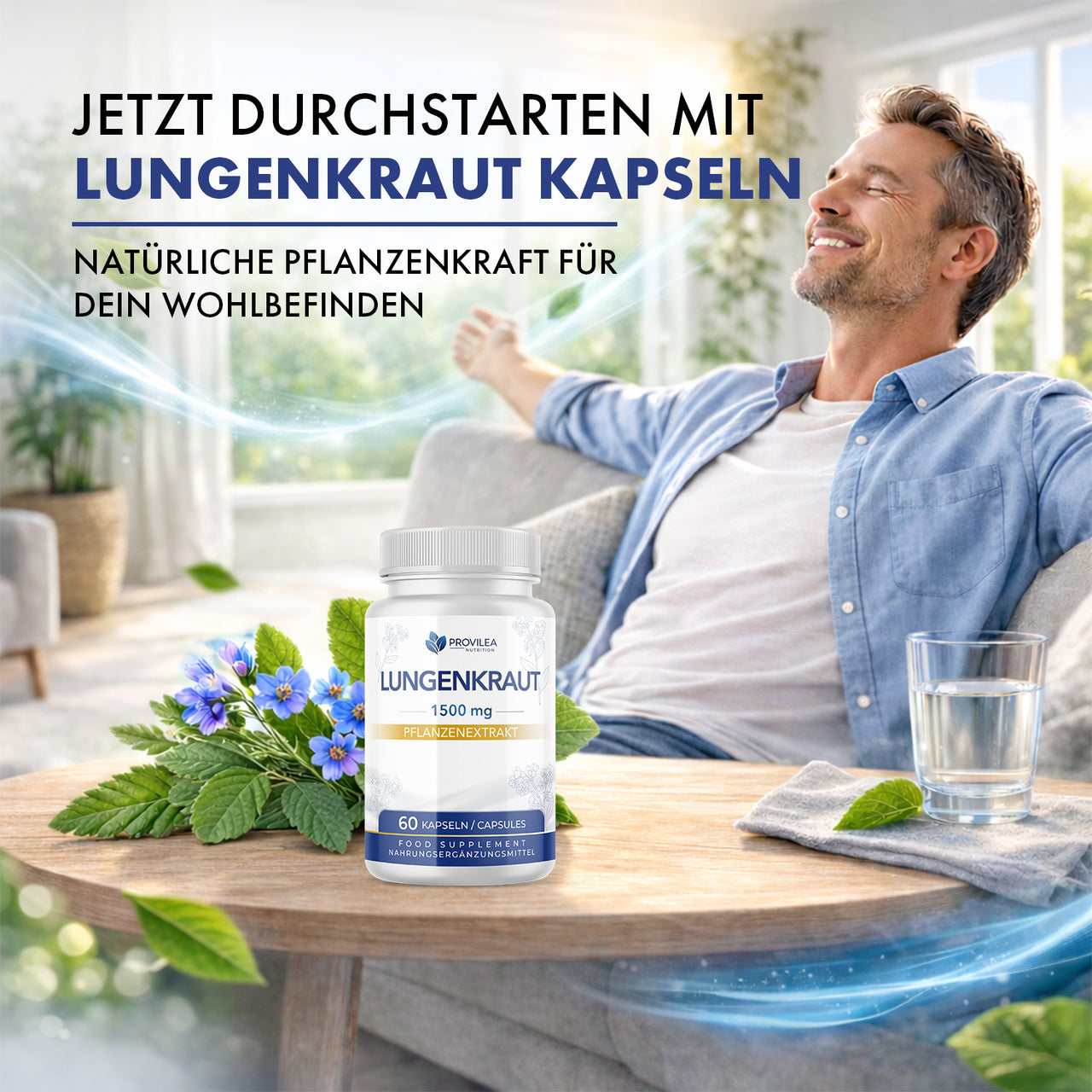 Mann auf Sofa neben Tisch mit Dose Provilea Nutrition Lungenkraut 1500 mg und Glas Wasser