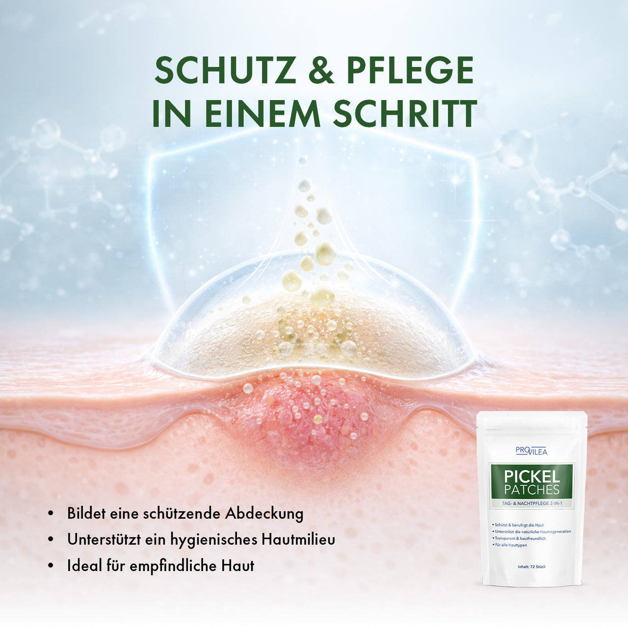 Grafische Darstellung eines Pickel Patches als Schutzschicht auf der Haut mit Provilea Produkt