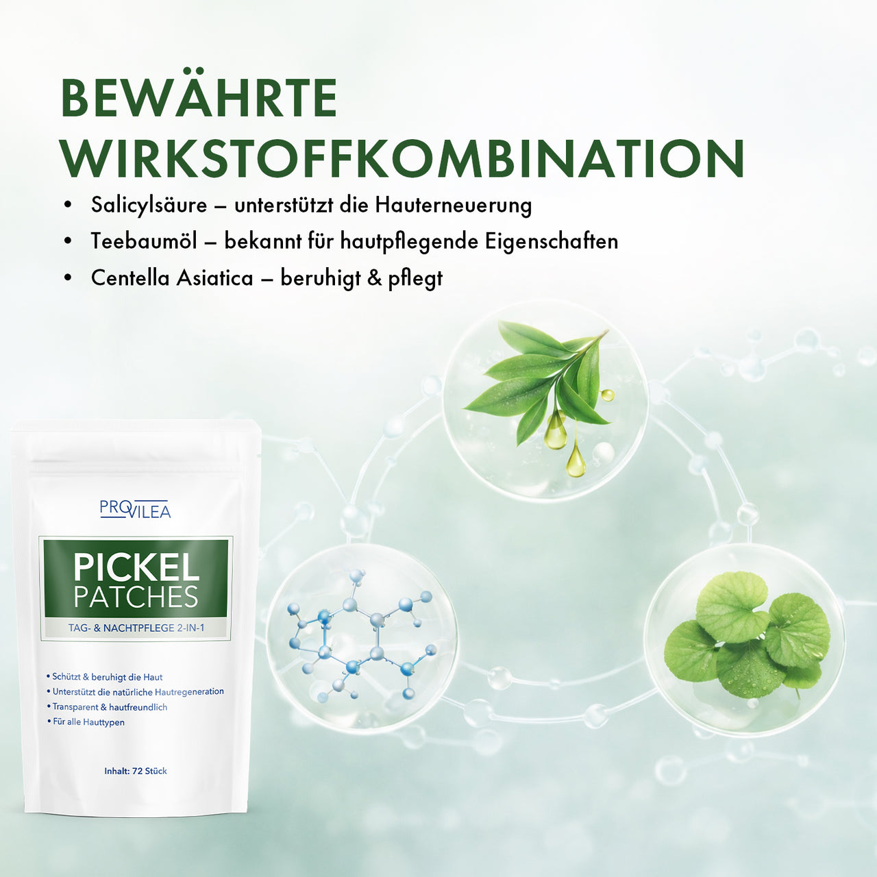 Provilea Pickel Patches Verpackung mit Darstellung der Wirkstoffe Salicylsäure Teebaumöl und Centella