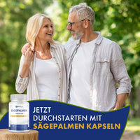 Thumbnail for Paar im Grünen lächelt nebeneinander daneben Dose Provilea Sägepalmen Kapseln Nahrungsergänzung