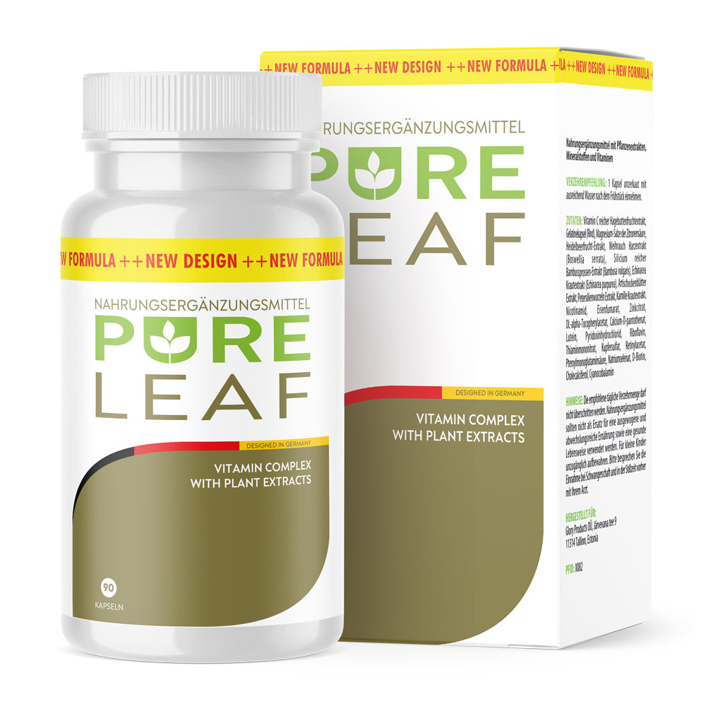 Weiße Kunststoffdose mit grün-goldenem Etikett Pure Leaf Vitamin Complex 90 Kapseln vor passender Faltschachtel