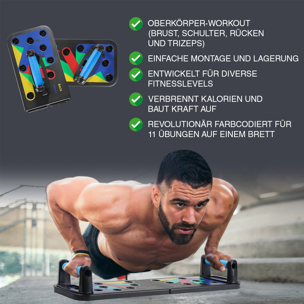 Mann trainiert mit farbcodiertem Push-up-Board für Oberkörper-Workout mit 11 Übungsoptionen
