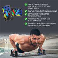 Thumbnail for Mann trainiert mit farbcodiertem Push-up-Board für Oberkörper-Workout mit 11 Übungsoptionen