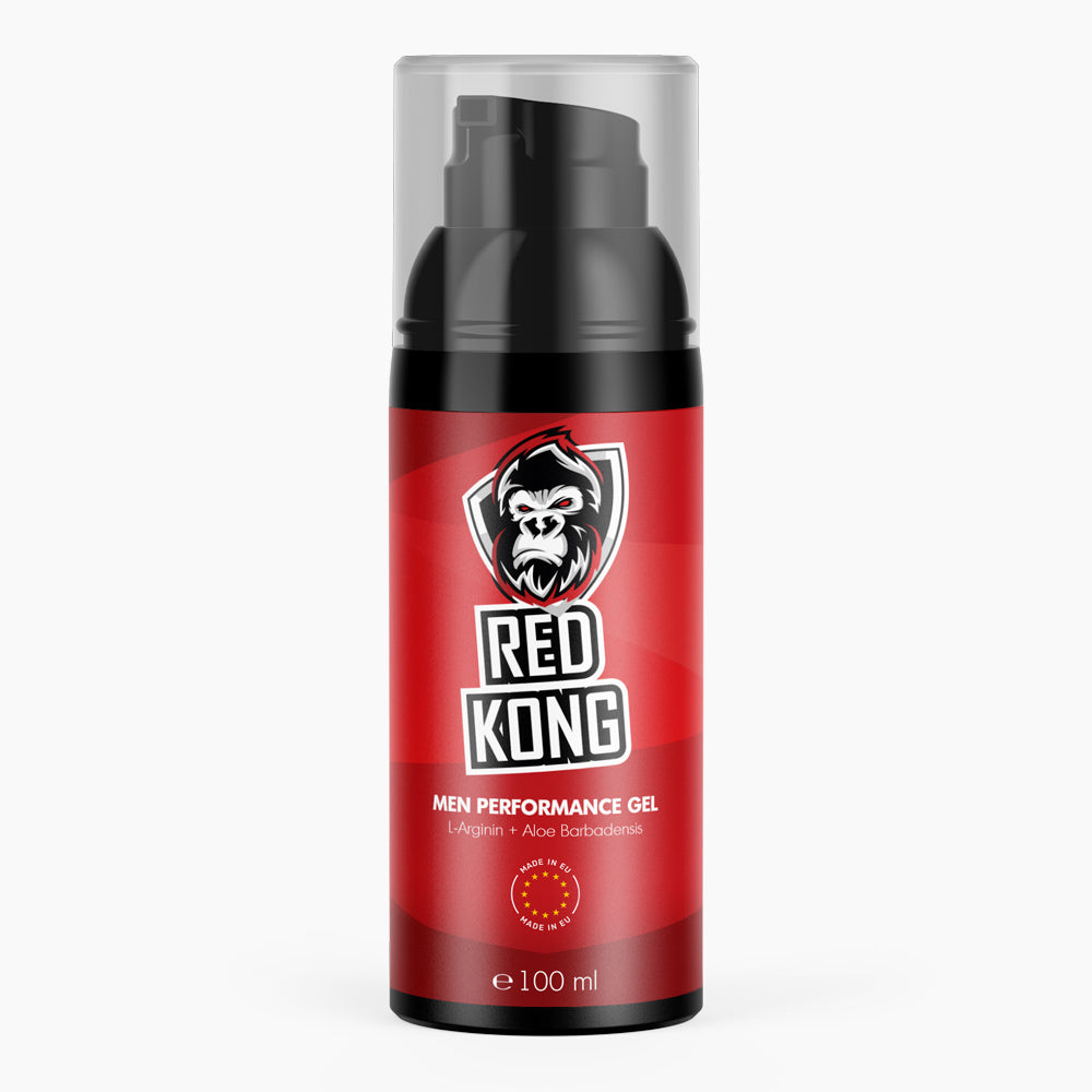 Flasche mit Pumpspender und rotem Etikett Red Kong Men Performance Gel, 100 ml und Gorilla-Logo