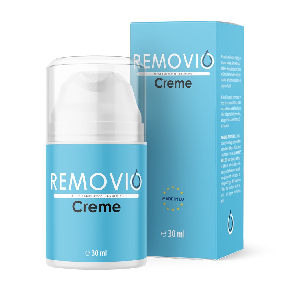 Blauer Pumpspender mit Schrift REMOVIO Creme 30 ml vor passender Faltschachtel mit Made in EU