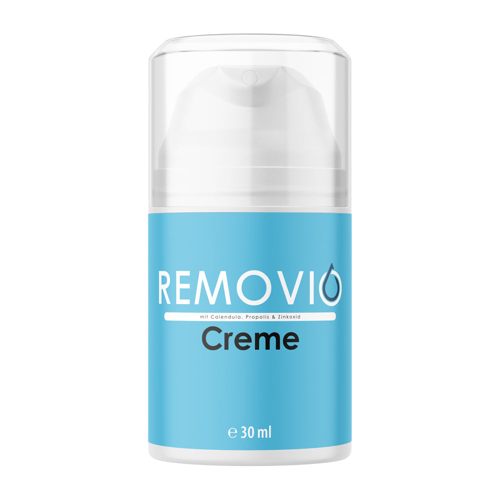 Dose mit Pumpspender und Aufdruck REMOVIO Creme mit 30 ml auf blauem Etikett
