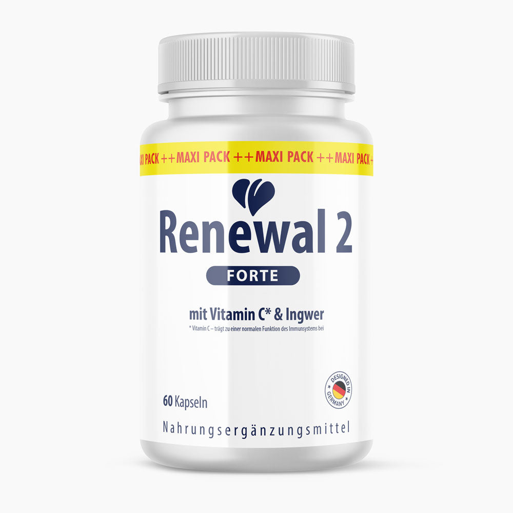 Weiße Kunststoffdose Renewal 2 Forte mit 60 Kapseln und Schrift mit Vitamin C und Ingwer