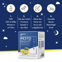 Thumbnail for Verpackung RESTO NIGHT mit grafischer Schritt-für-Schritt-Anleitung zum Anmischen eines Getränks