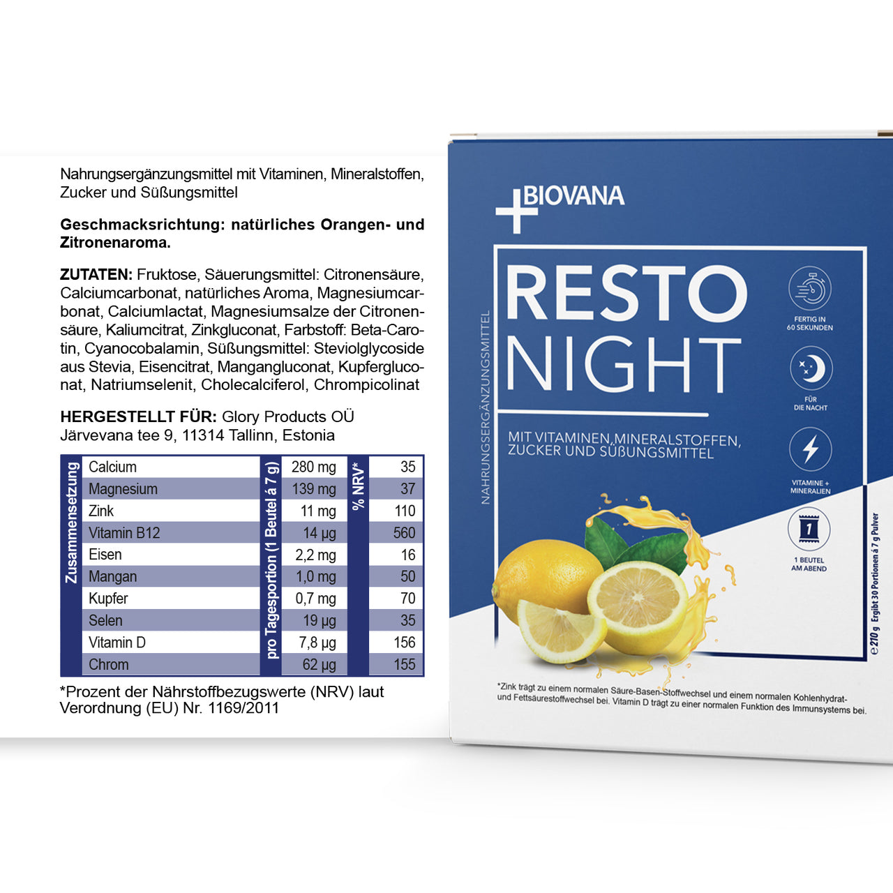 Produktverpackung Biovana Resto Night, Abbildung Zitronen und Nährwerttabelle
