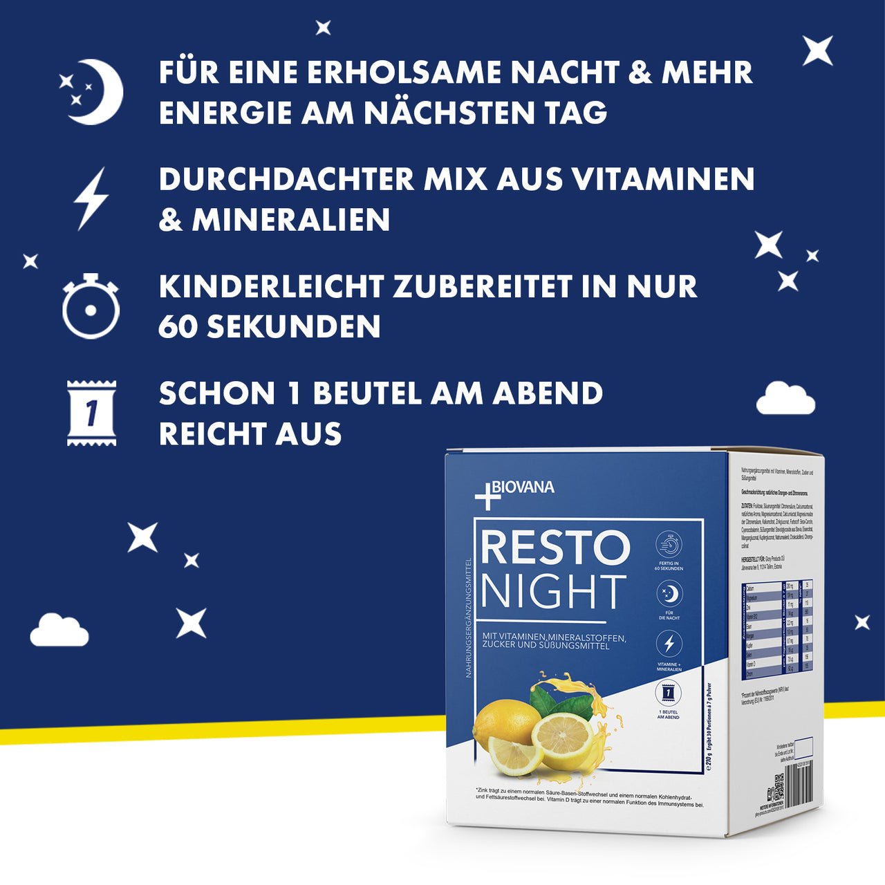 RESTO NIGHT Box mit Vorteilstext wie 1 Beutel am Abend und Zubereitung in 60 Sekunden