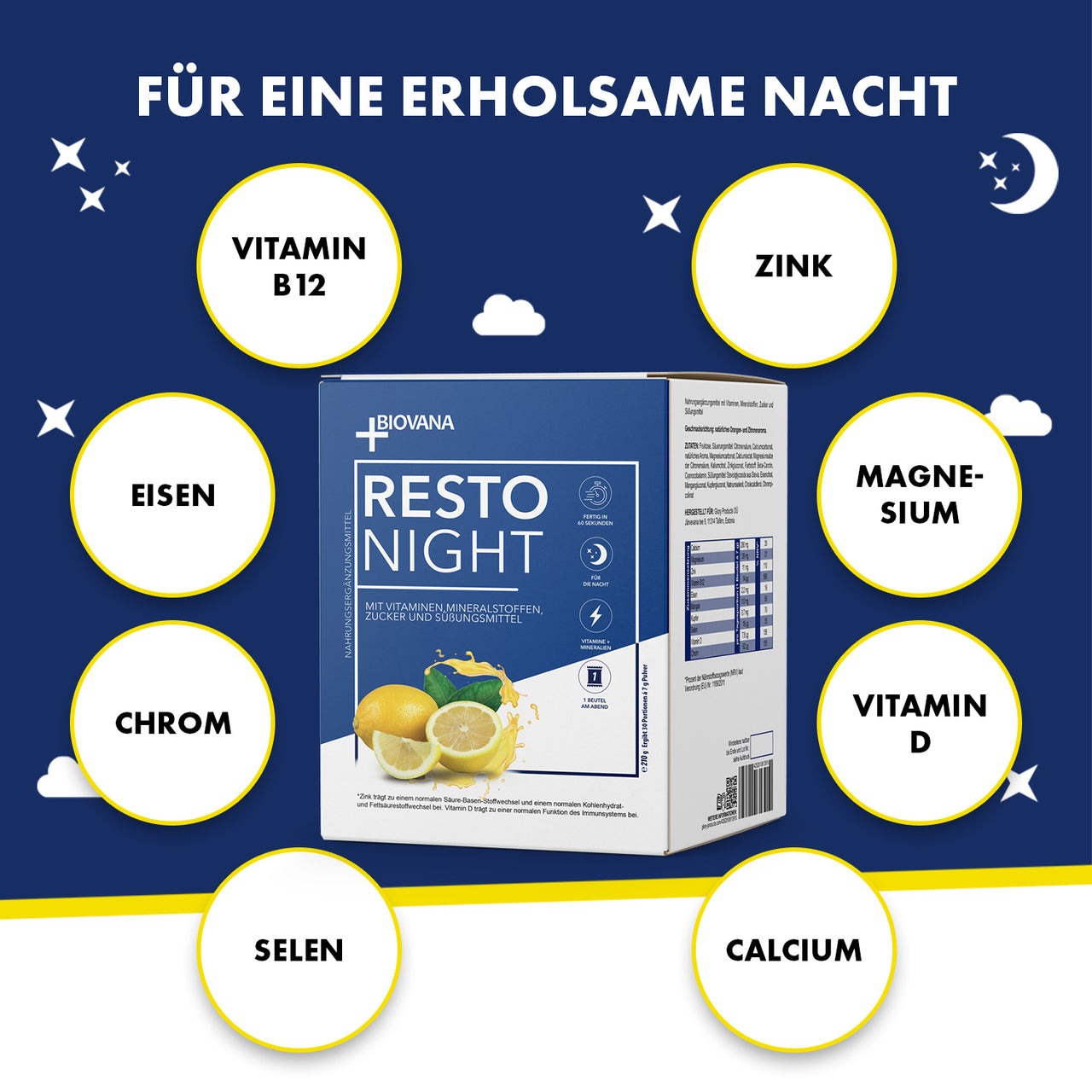 RESTO NIGHT Einzelbeutel mit Zitronenabbildung umgeben von Kreisen mit Inhaltsstoffen auf
